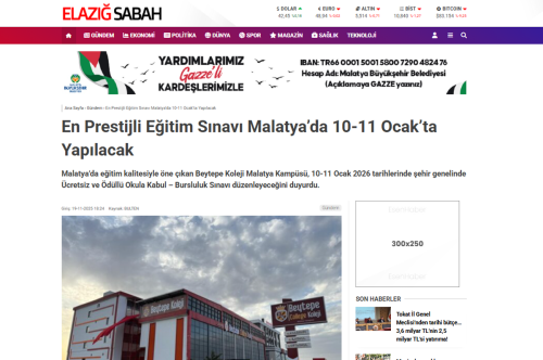 BEYTEPE KOLEJİ ELAZIĞ SABAH GAZETESİ'NDE